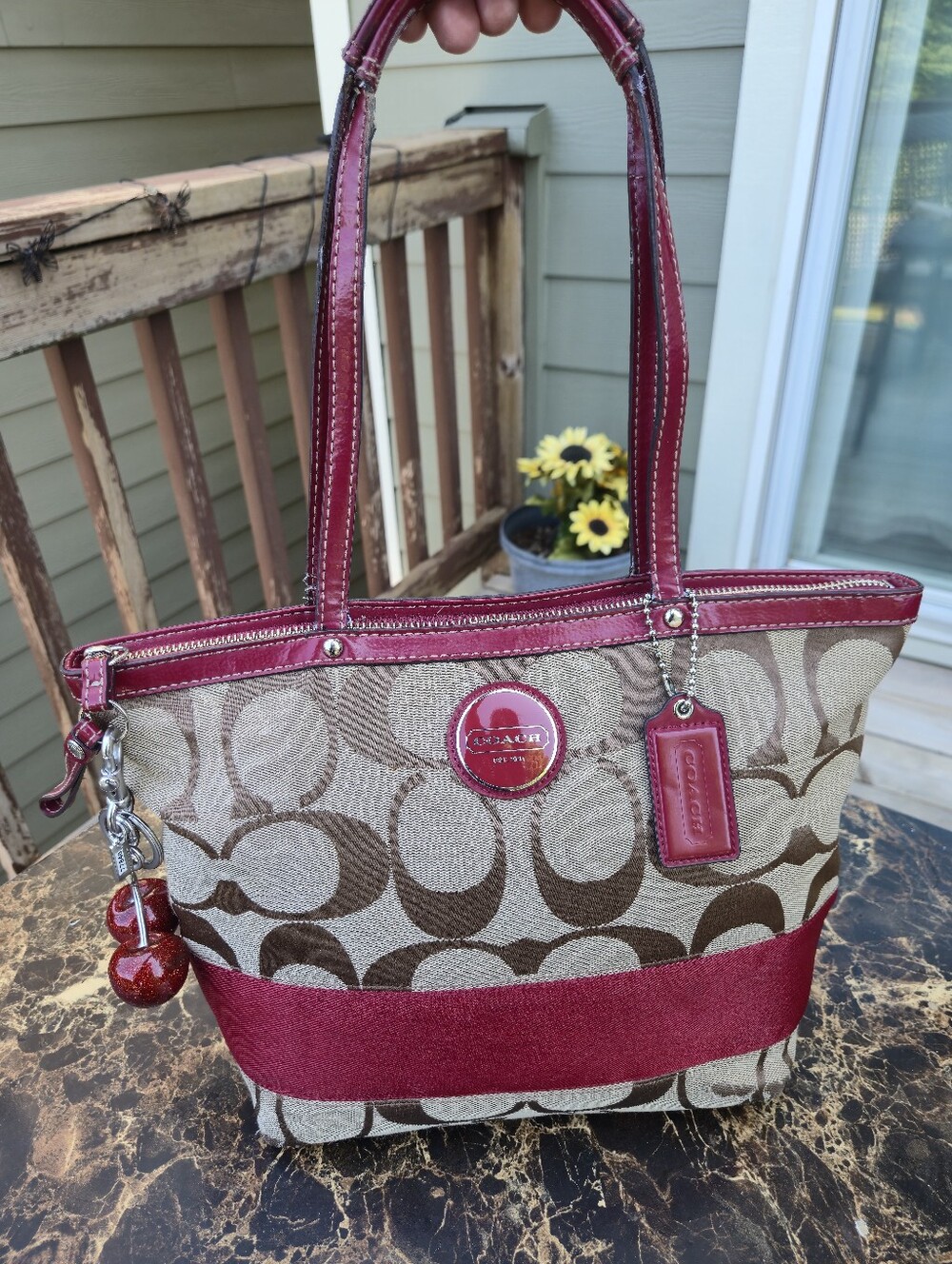 Coach Signature Tote With Cherry Charm